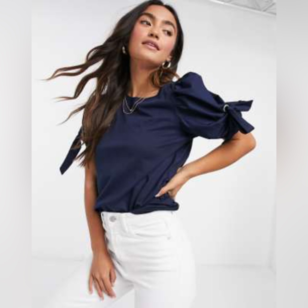 River Island puffball eyelet T-shirt in navy